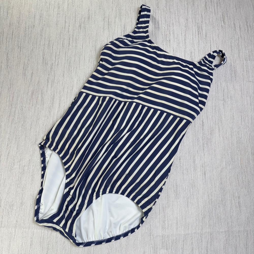 Lands End Womens Navy Blue White Striped One Piece Swimsuit Size 14 Nautical